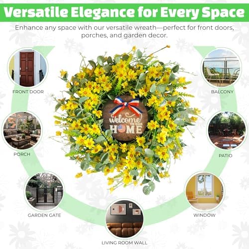 VYG Yellow Daisy Wreath 22 Inch Patriotic Welcome Sign