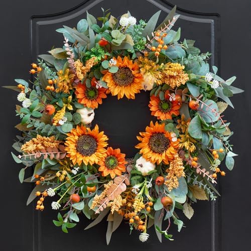24 Inch Fall Door Wreath with Sunflowers and Berries