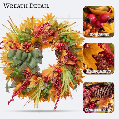 24 Inch Artificial Autumn Door Wreath with Green Bow and Maple Leaves