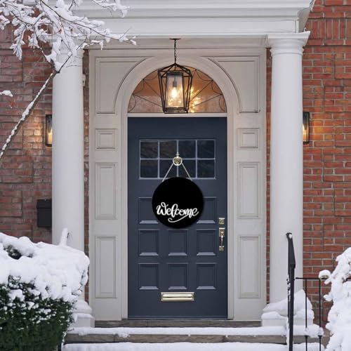 Welcome Sign Front Door Porch Black 12in Round Wreath Wall Decor Farmhouse
