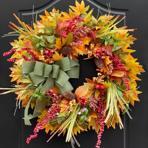 24 Inch Artificial Autumn Door Wreath with Green Bow and Maple Leaves