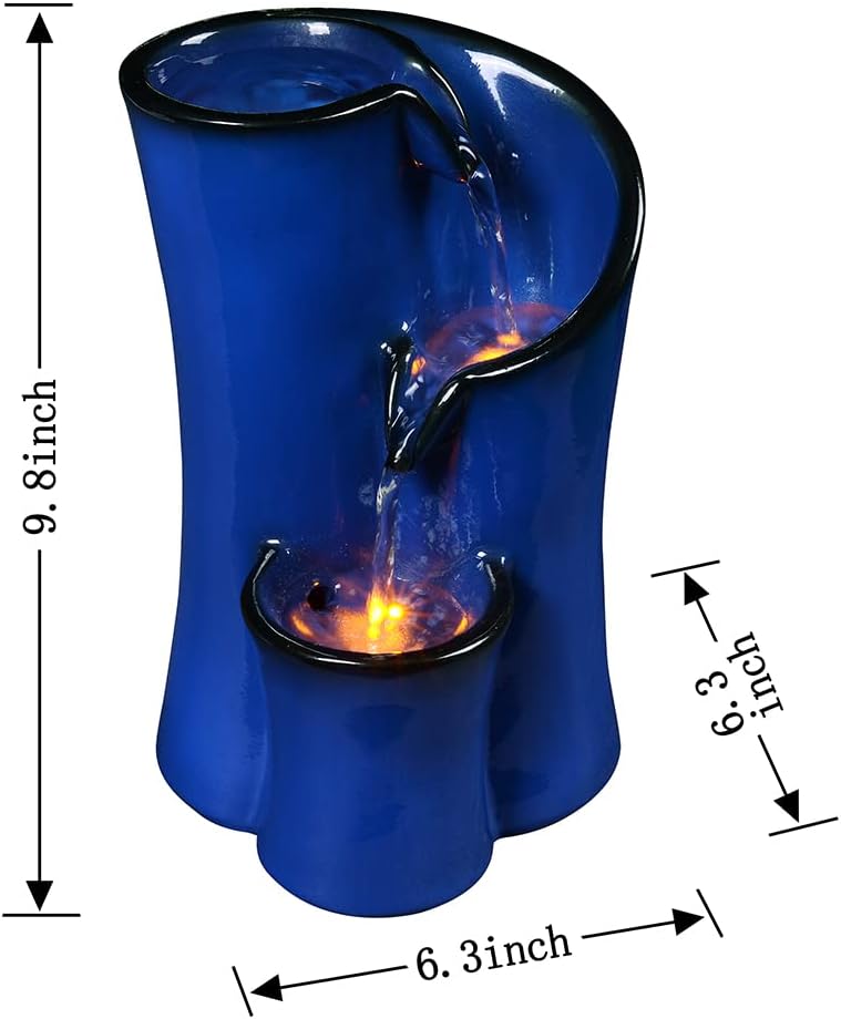 Blue Imitation Ceramic Tabletop Fountain with 3 Reflective LED
