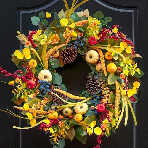 24 Inch Fall Wreath with Yellow White Pumpkins Red Berries Eucalyptus Pinecones