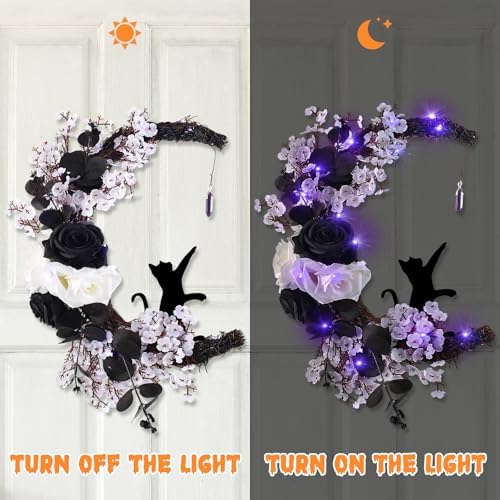 MyCoats 2025 Halloween Door Wreath with Black Cat Moon Light