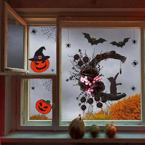 Spooky Halloween Wreath with Lights Black Cat Moon Door Decor