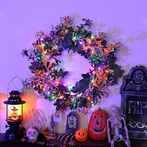 Enhon 40 LED Halloween Wreath 16 Inch Glitter Maple Leaf Style