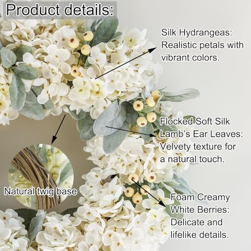 Cream Hydrangea Wreath for Front Door Wedding Decor 18 Inch