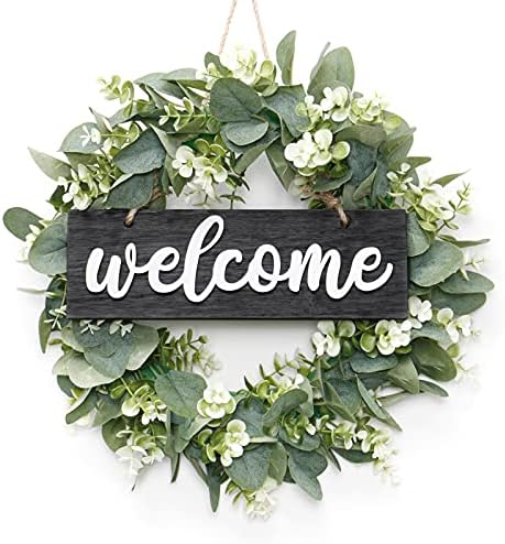 Dremisland 16 Inch Artificial Eucalyptus Wreath with Welcome Sign