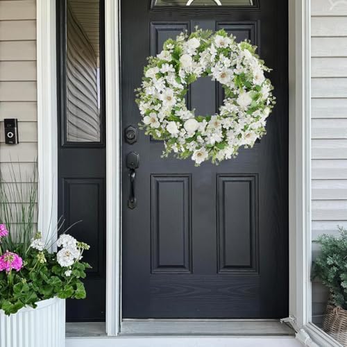 White Faux Silk Flower Wreath 24-26 Inch Front Door Decor