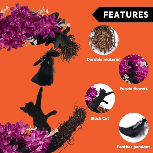 JOYIN Halloween Black Moon Wreath with Black Cat