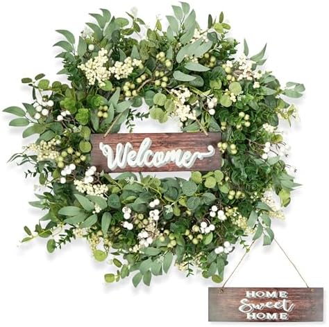 Artificial Eucalyptus Wreath with Berries 24 Inches Reversible Sign