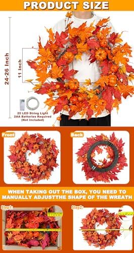 26 Inch Foldable Fall Wreath with Timer Lights