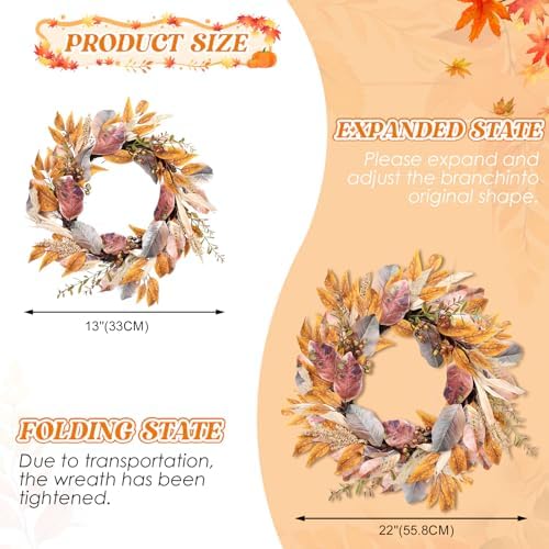 22 Inch Artificial Fall Wreath with Berries and Maple Leaves