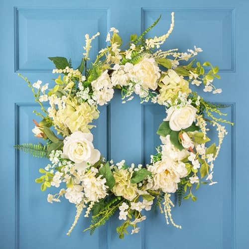 Northlight Peony and Rose Artificial Spring Wreath 24-inch White Green