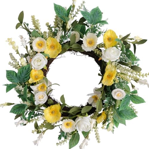Floribus Summer Wreath Yellow Flowers with Roses Poppies Lavender 18 Inch Front Door Decor