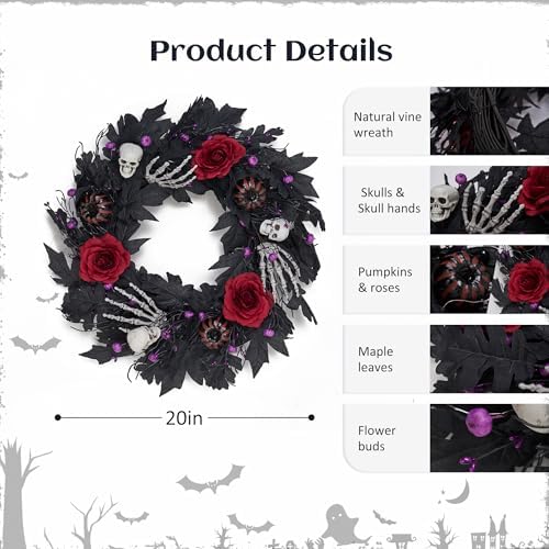 GENMOUS Halloween 22Inch Rose Wreath with Lights
