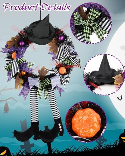 Halloween Witch Wreath Front Door Decor Black Wreath with Hat and Legs