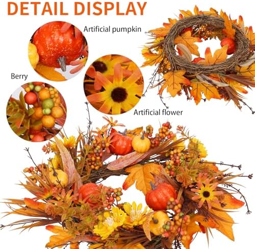 19 Inch Fall Wreath with Pumpkins and Maple Leaves