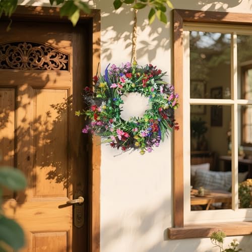 Daisy and Lavender Wildflower Artificial Spring Wreath for Front Door Home Decor 18 Inches