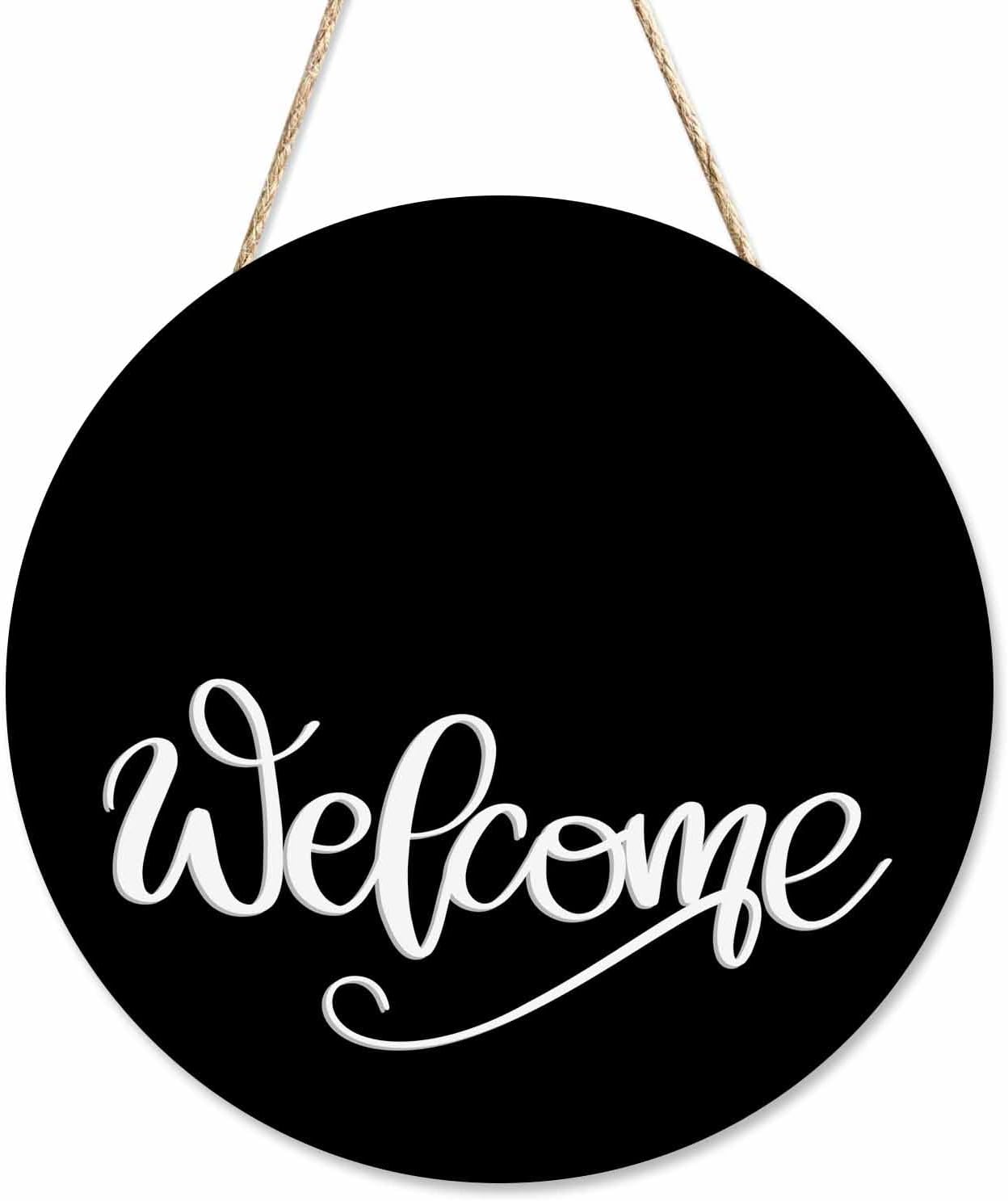 Welcome Sign Front Door Porch Black 12in Round Wreath Wall Decor Farmhouse