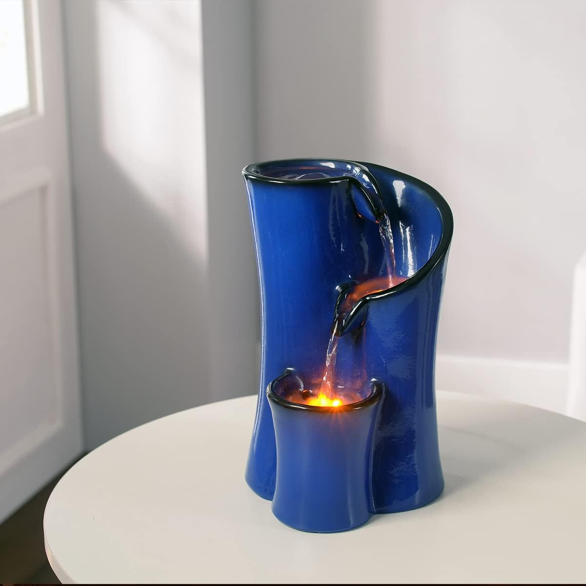 Blue Imitation Ceramic Tabletop Fountain with 3 Reflective LED