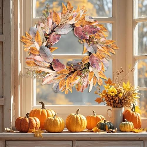 22 Inch Artificial Fall Wreath with Berries and Maple Leaves