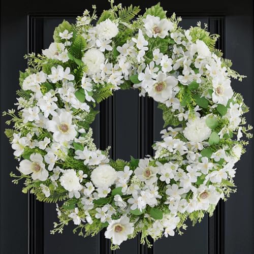 White Faux Silk Flower Wreath 24-26 Inch Front Door Decor