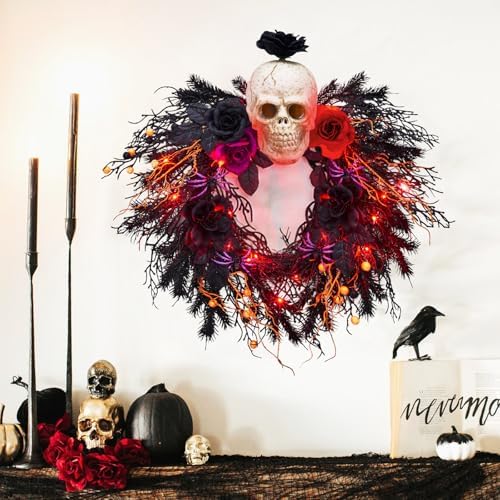 20 Inch Halloween Wreath with Spider Skull Rose Lights