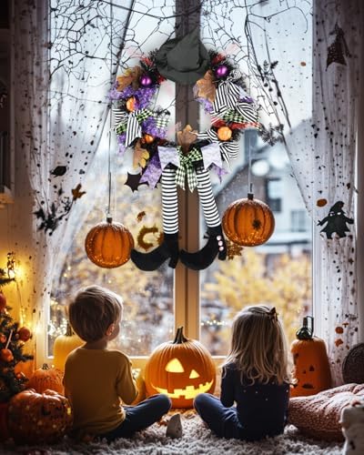 Halloween Witch Wreath Front Door Decor Black Wreath with Hat and Legs