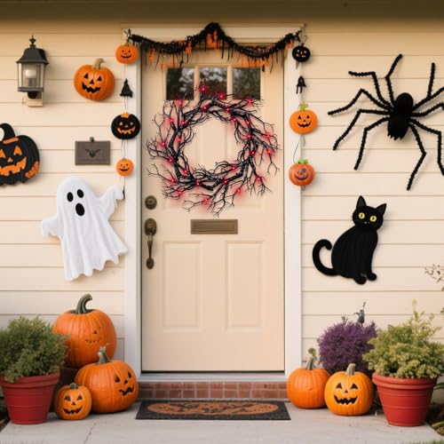 Halloween Black Branch Wreath with Light 165 Inch Artificial Hanging Decor