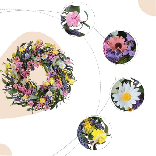 Bibelot Spring Wreath for Front Door 22 Inch Artificial Floral Decor with Daisy Lavender and Wildflowers