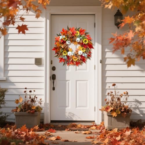 Fall Wreaths for Front Door 24 Inch Autumn Decor with Pumpkins Maple Leaves Wildflowers Berries