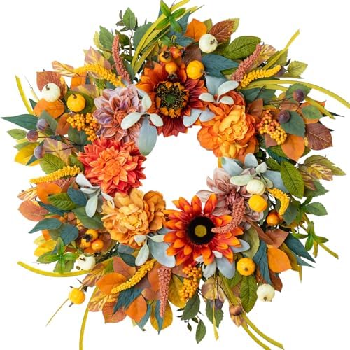 24 Inch Fall Wreath with Sunflowers Dahlias Pumpkins for Front Door