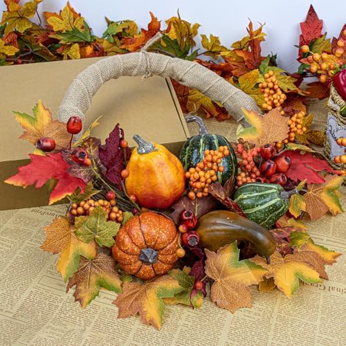LLZLL Fall Wreath 20 Inch Artificial Thanksgiving Wreath with Pumpkins Berries and Leaves for Front Door