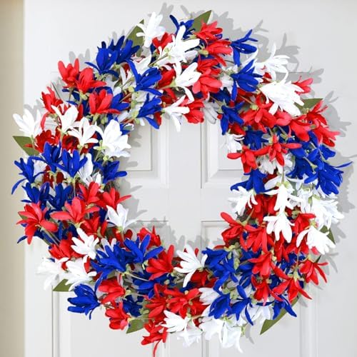 4th of July Wreath with Red White Blue Flowers for Front Door