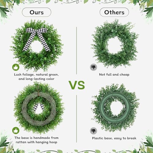 Artificial Boxwood Wreath with 3 Plaid Bows for Front Door