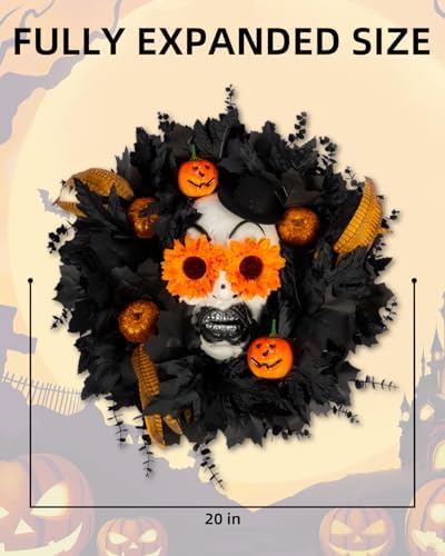 Halloween Wreath for Front Door with Skull and Pumpkin