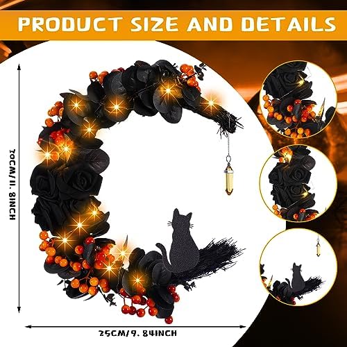 Ceenna Halloween Moon Cat Wreath with Black Roses