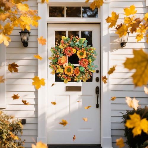 24 Inch Autumn Wreath with Sunflowers and Maple Leaves