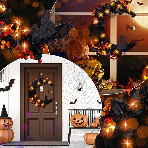 Ceenna Halloween Moon Cat Wreath with Black Roses