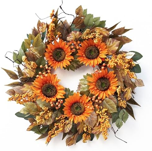 22 Inch Fall Door Wreath with Sunflowers and Leaves