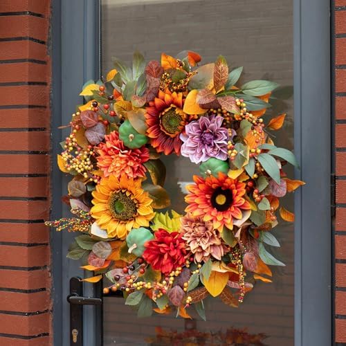 24 Inch Fall Door Wreath with Pumpkins and Berries