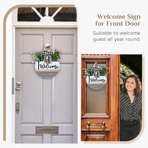 Welcome Sign for Front Door Decor - Walasis 12inch Wooden Farmhouse Wreath with Bow Beads