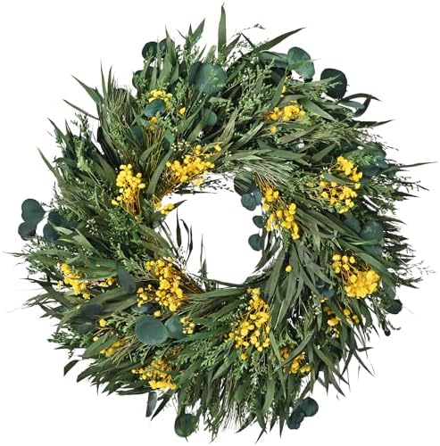 24 Inch Dried Flower Wreath with Yellow Babys Breath and Eucalyptus for Front Door