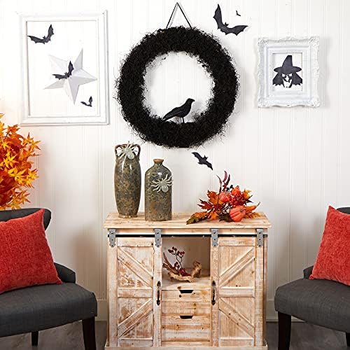 Nearly Natural 30in Halloween Black Raven Wreath