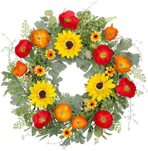 Hollyone 20 Inch Artificial Spring Wreath with Sunflowers and Eucalyptus Leaves