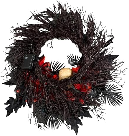 National Tree Company 24 Inch Artificial Halloween Wreath with Orange Florals and White Skull
