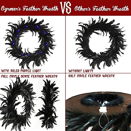 Ogrmar 157 Inch Black Feather Wreath with 30 LED Purple Lights for Halloween Decorations and Party Favors