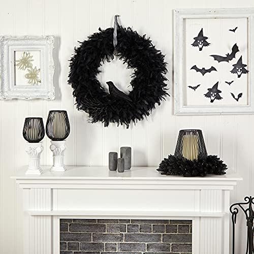 Nearly Natural 30in Halloween Raven Feather Wreath