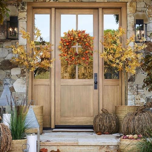 22 Inch Artificial Fall Wreath with Pumpkin and Maple Leaves